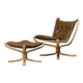 Sigurd Ressell Falcon Chair with Ottoman in brown leather for Vatne Møbler