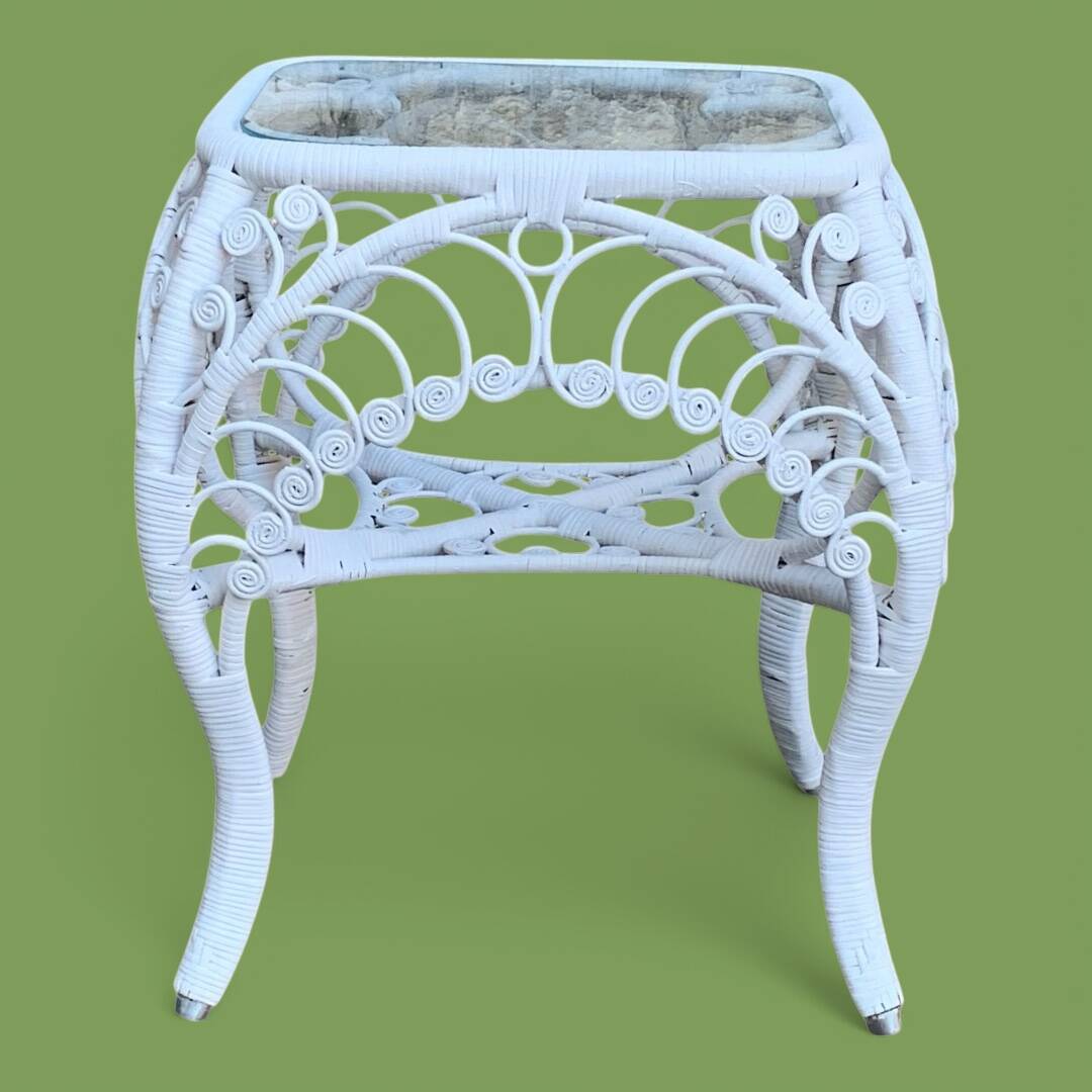 Peacock white rattan side table 1970