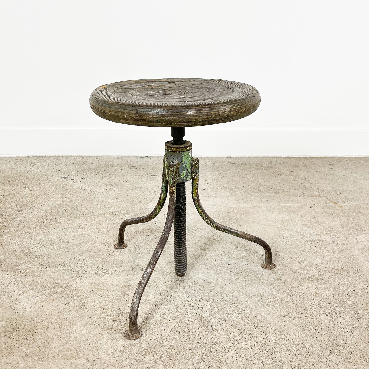 Industrial 3 legged factory swivel stool Green Grey