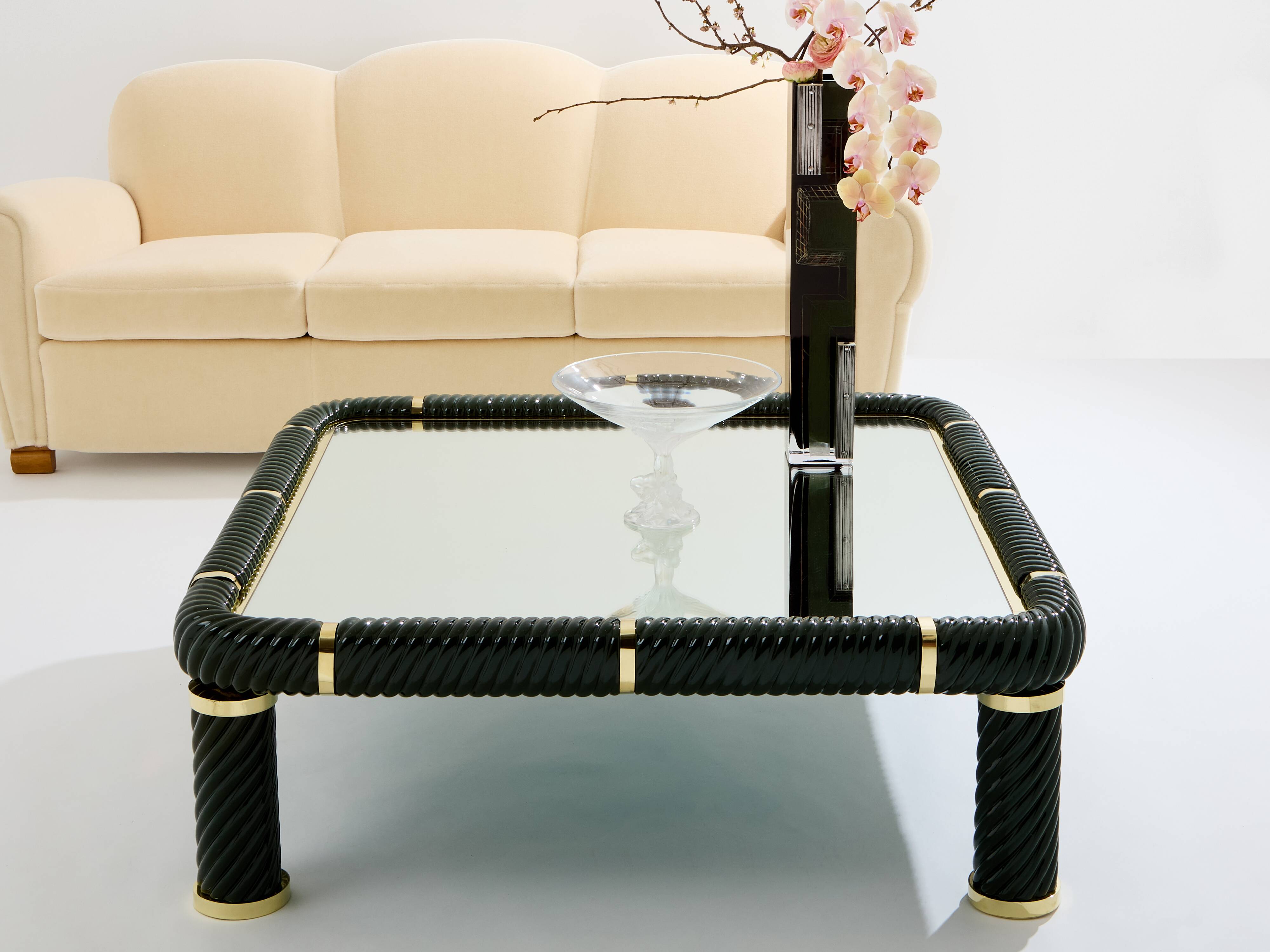 Olive green ceramic and brass coffee table by Tommaso Barbi 1970