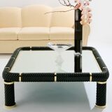 Olive green ceramic and brass coffee table by Tommaso Barbi 1970