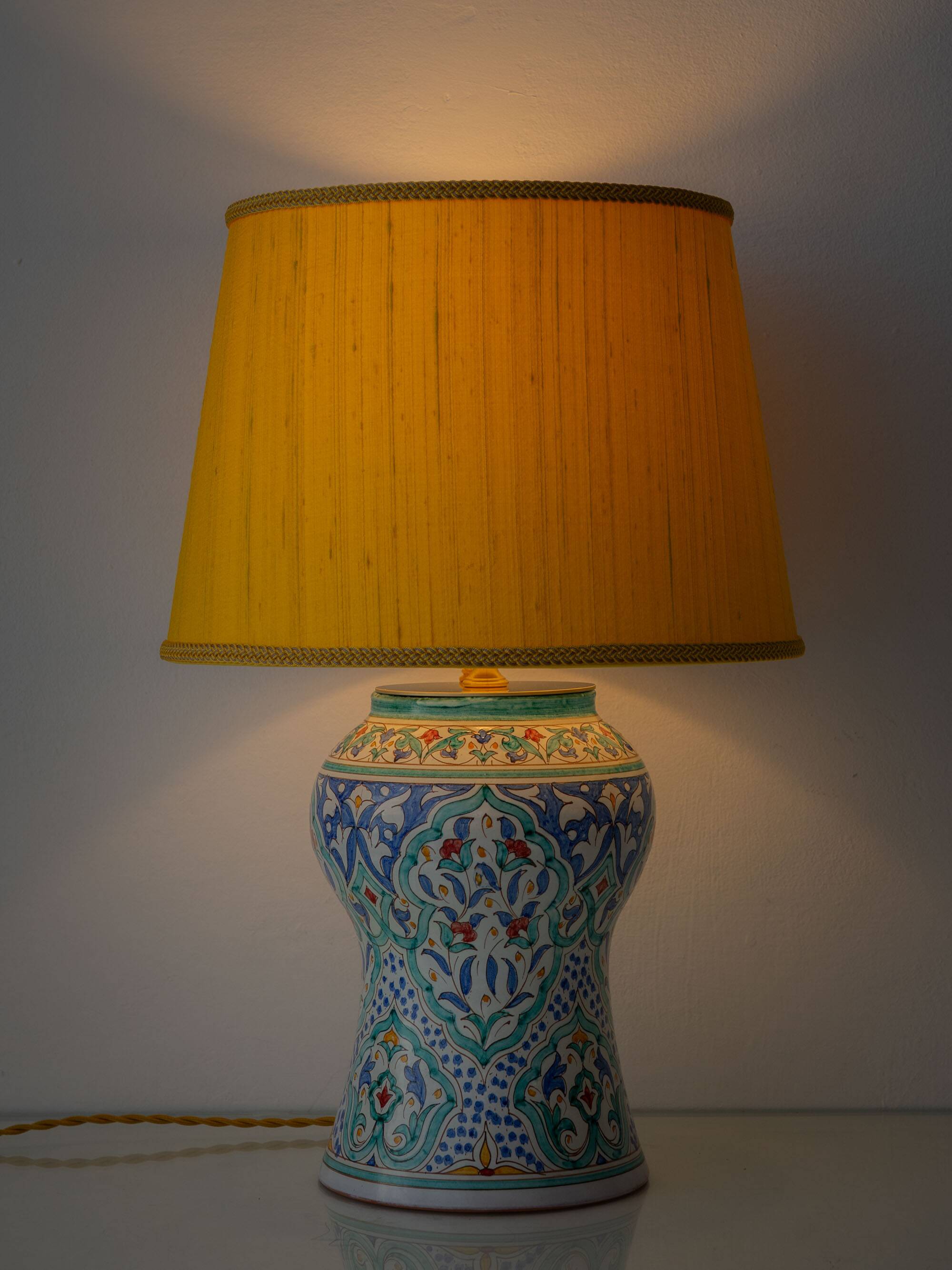 Mediterranean Table Lamp in Hand-Painted Spanish Ceramic, New Yellow Silk Shade