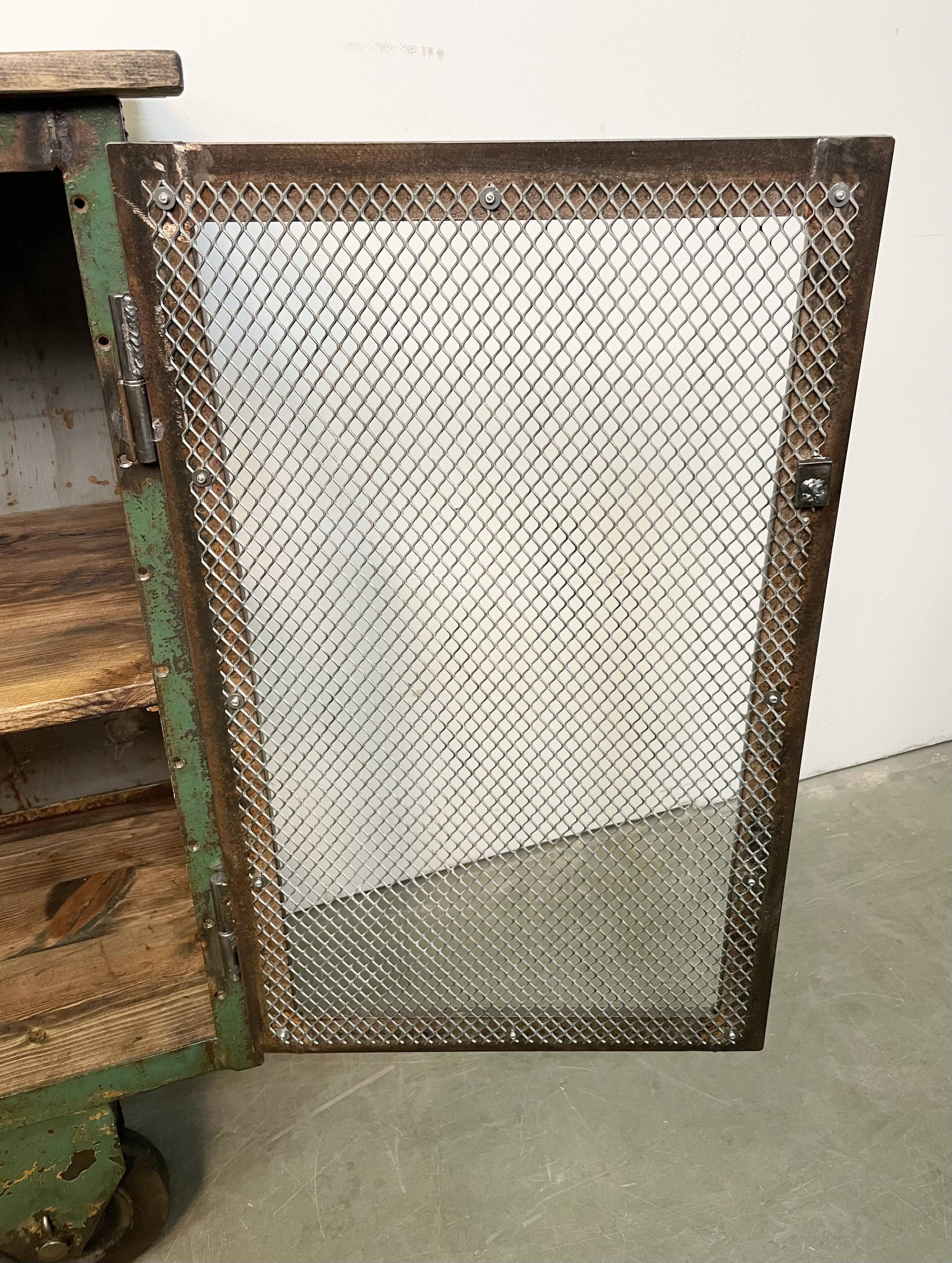 Industrial Iron Cabinet with Mesh Doors on Wheels, 1960s