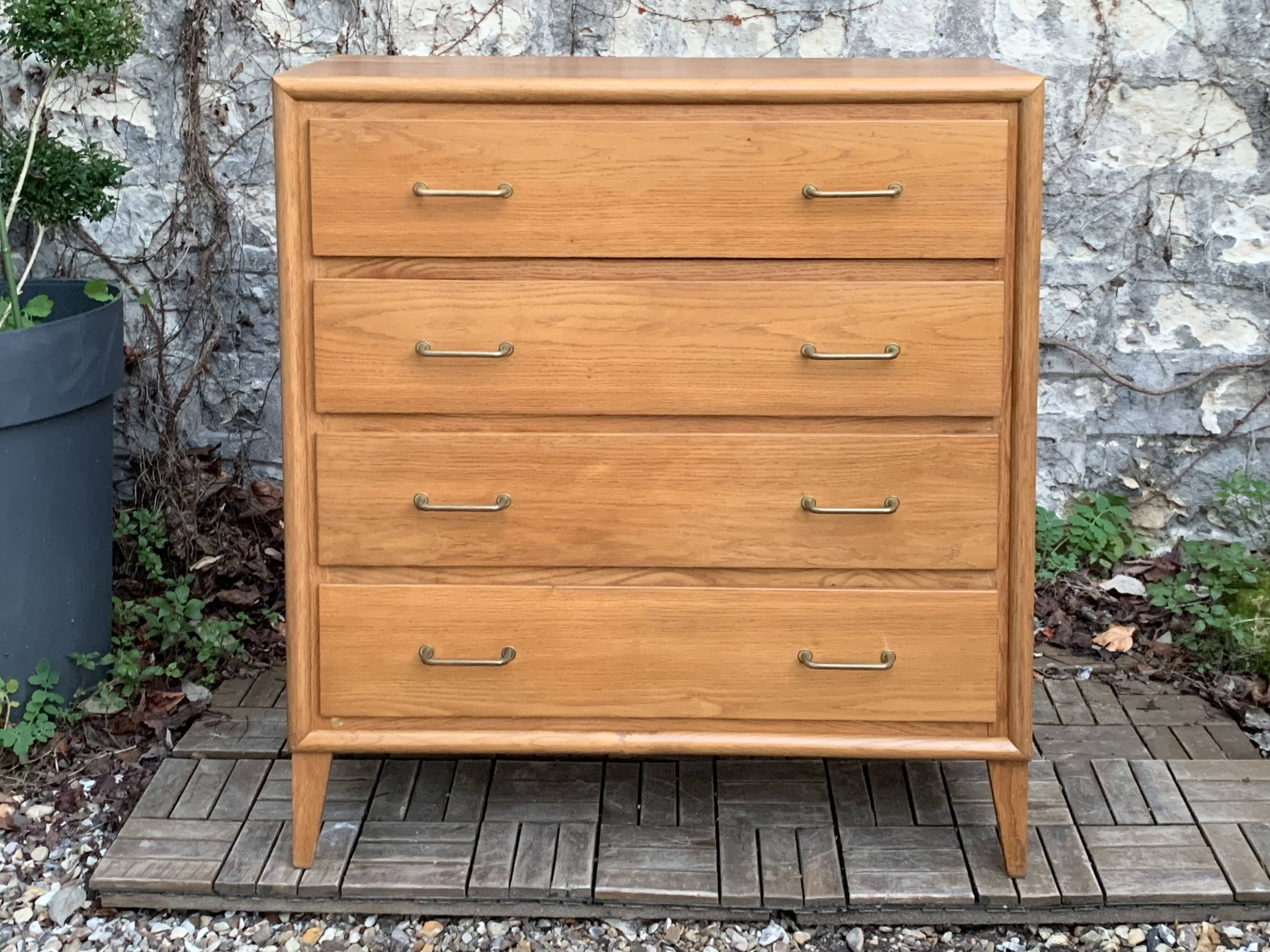 Vintage chest of drawers with compass feet, oak, original patina, 1950s
