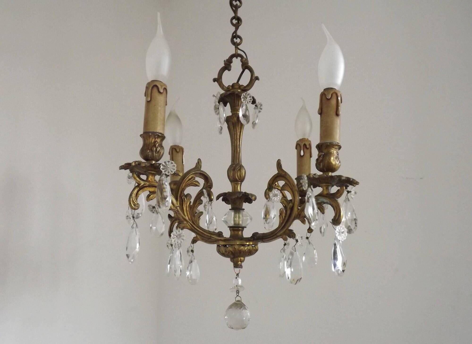 French Vintage Bronze and Glass 4 Light Art Nouveau Crystal Chandelier