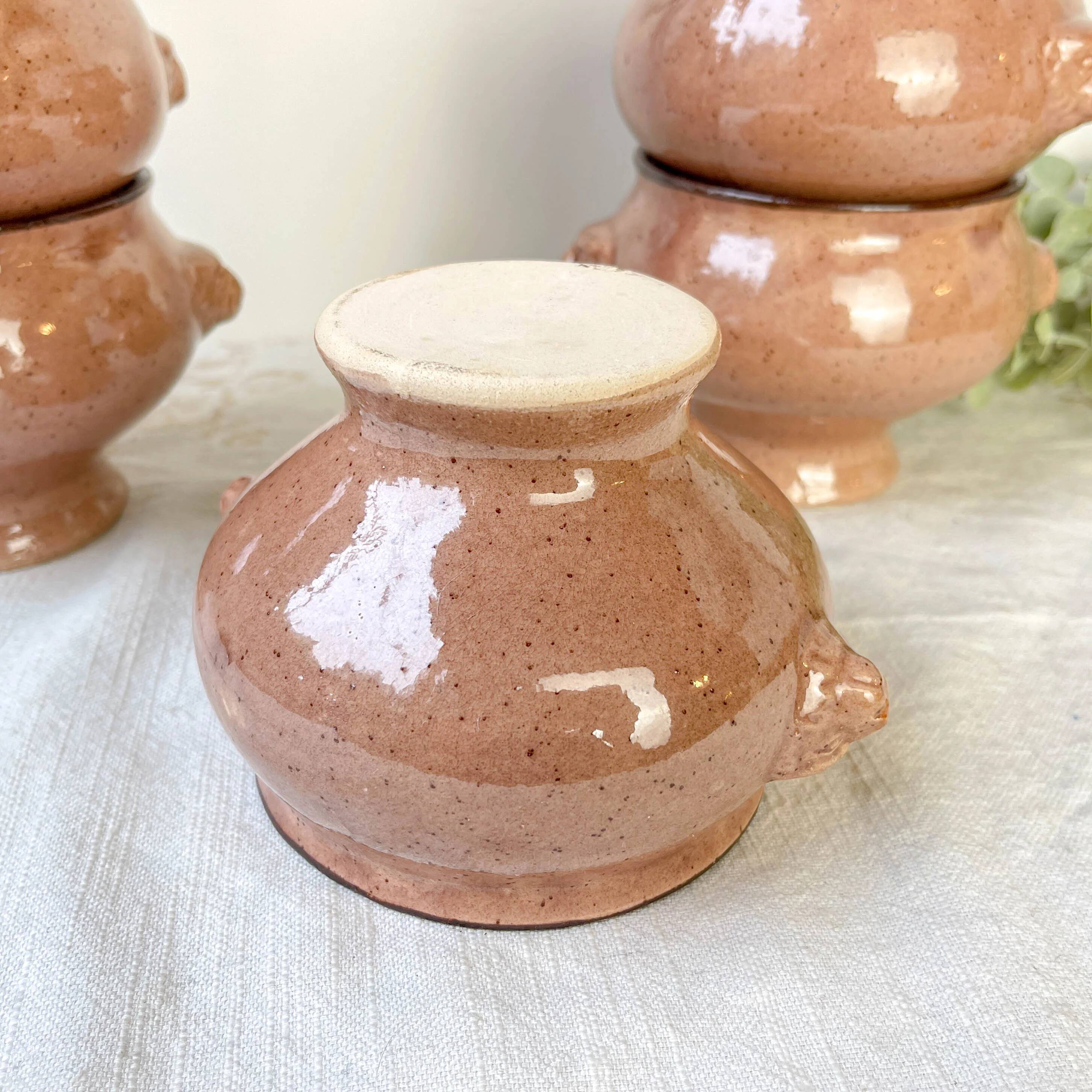 6 vintage lion head onion soup bowls – speckled beige stoneware