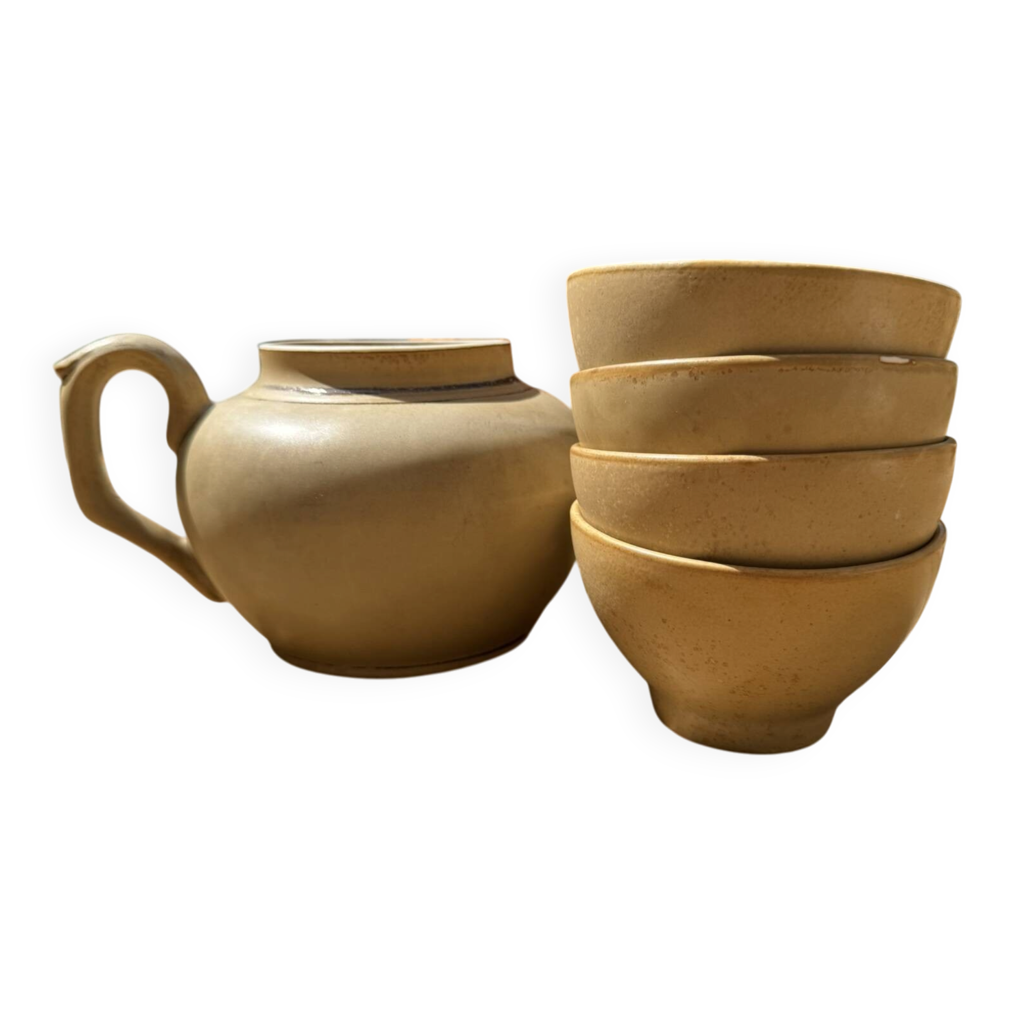 Vintage brown beige stoneware teapot set with 4 bowls.