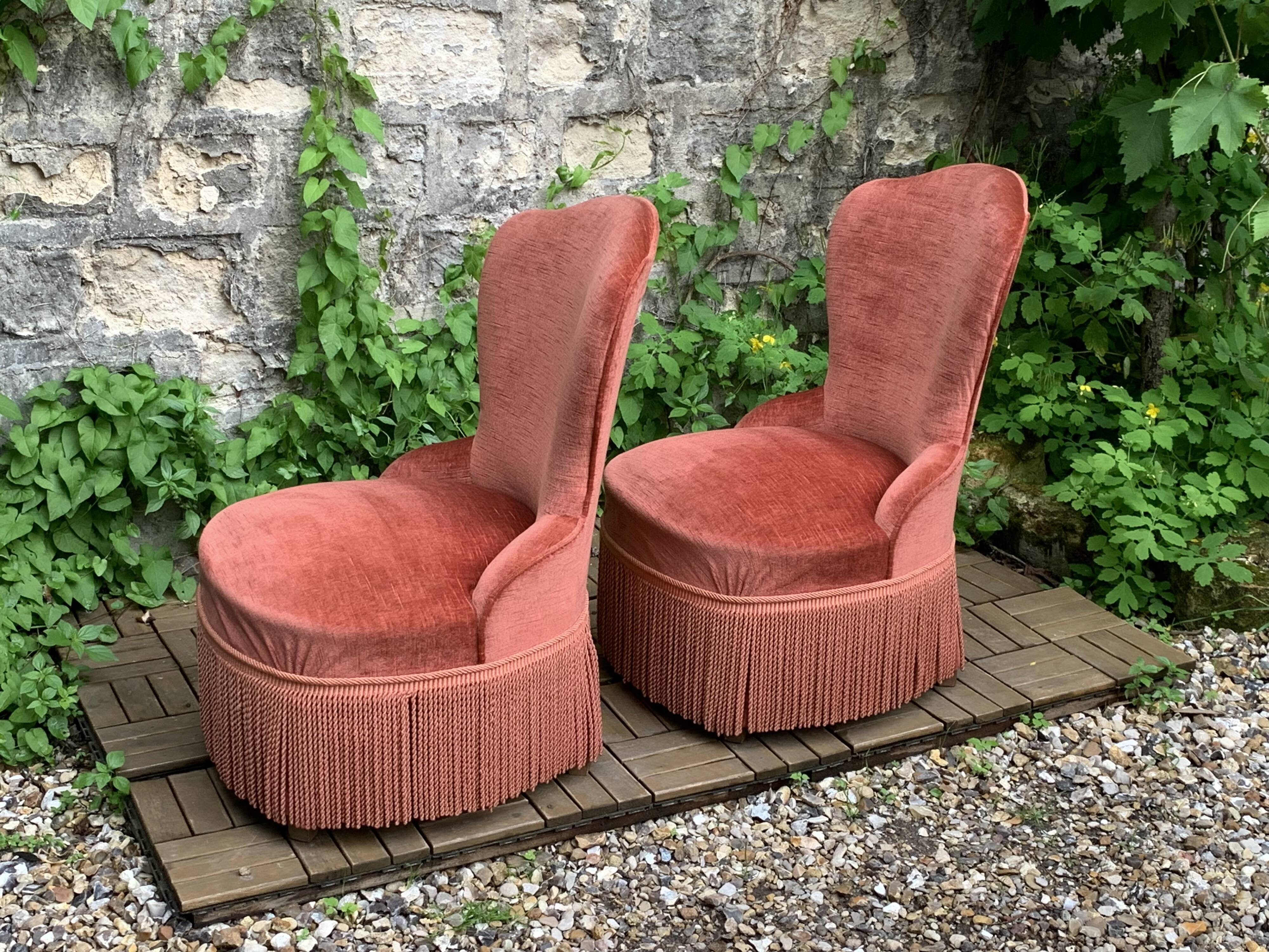 Pair of vintage pink velvet toad armchairs 1960