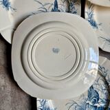 6 blue ironstone flat plates from Gien, "Birds" service, circa 1870, no. 1