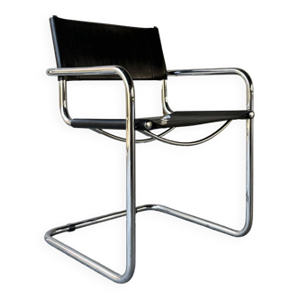 Black leather and chrome cantilever armchair