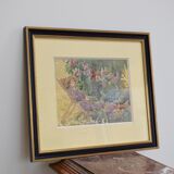 Watercolor Signed Emile Rondinet, woman resting in a Framed Garden