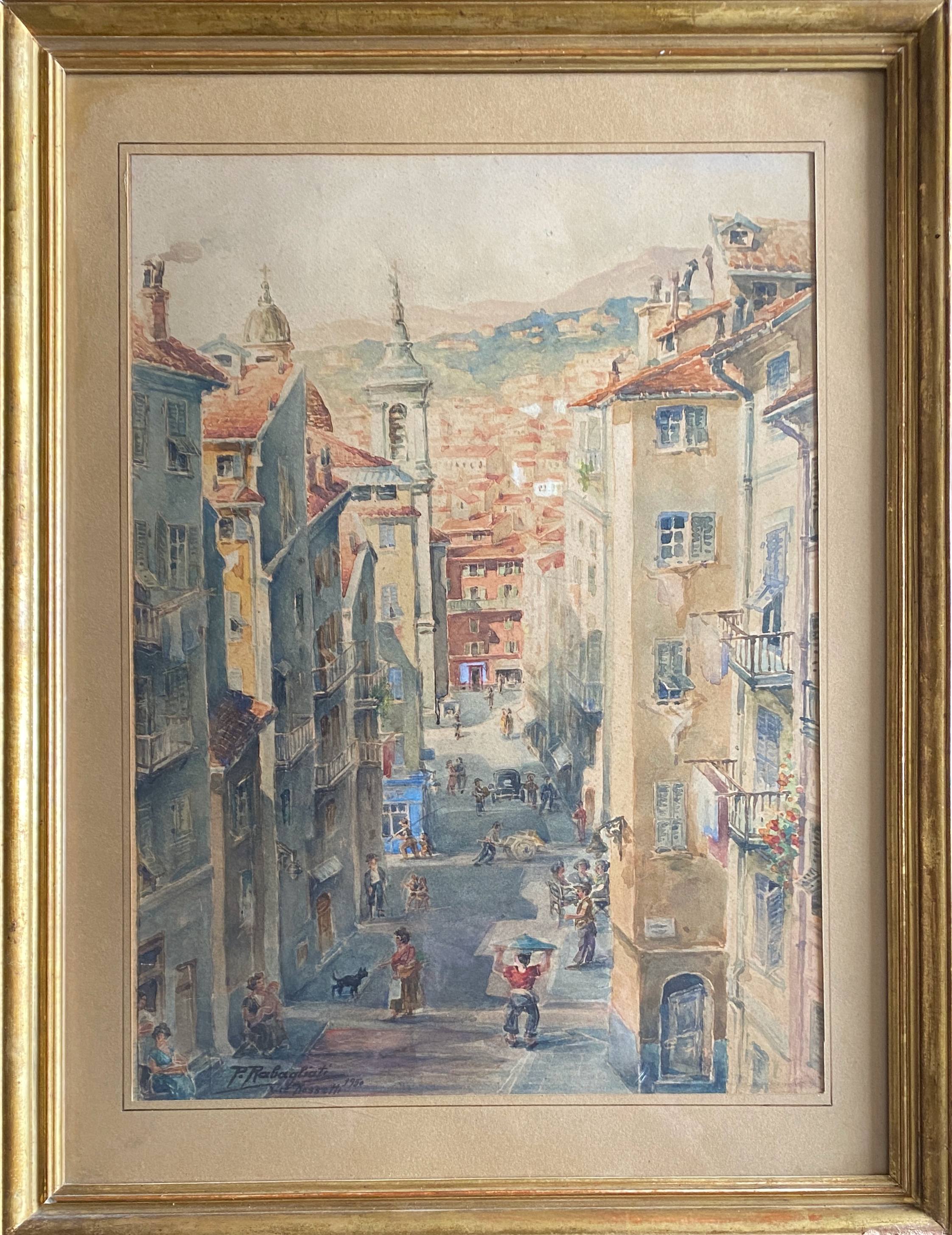Watercolor painting p. rabagliati rue rossetti old nice 1950 + frame