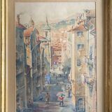 Watercolor painting p. rabagliati rue rossetti old nice 1950 + frame
