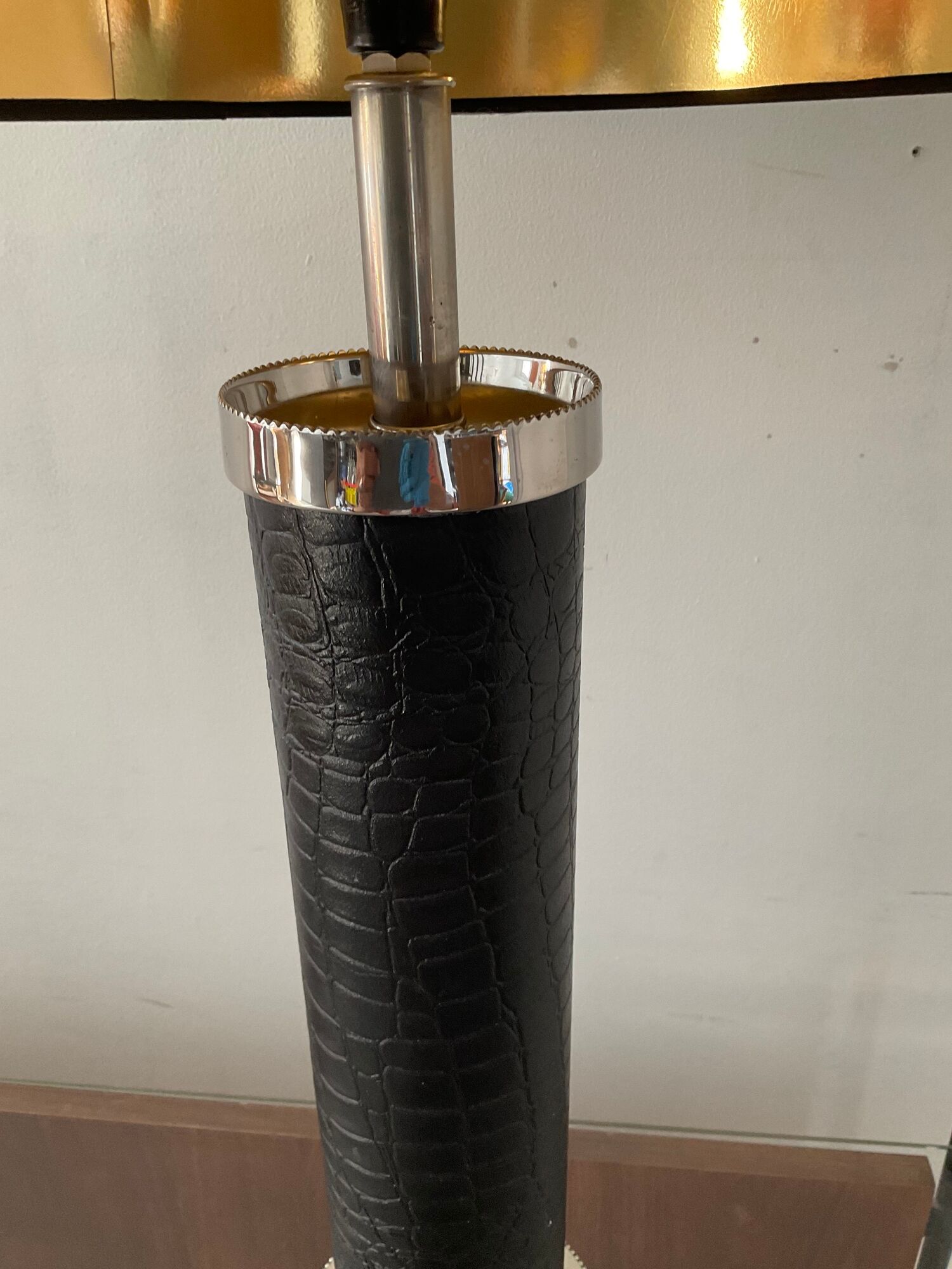 Vintage column lamp in leather and silver brass 60s-70s