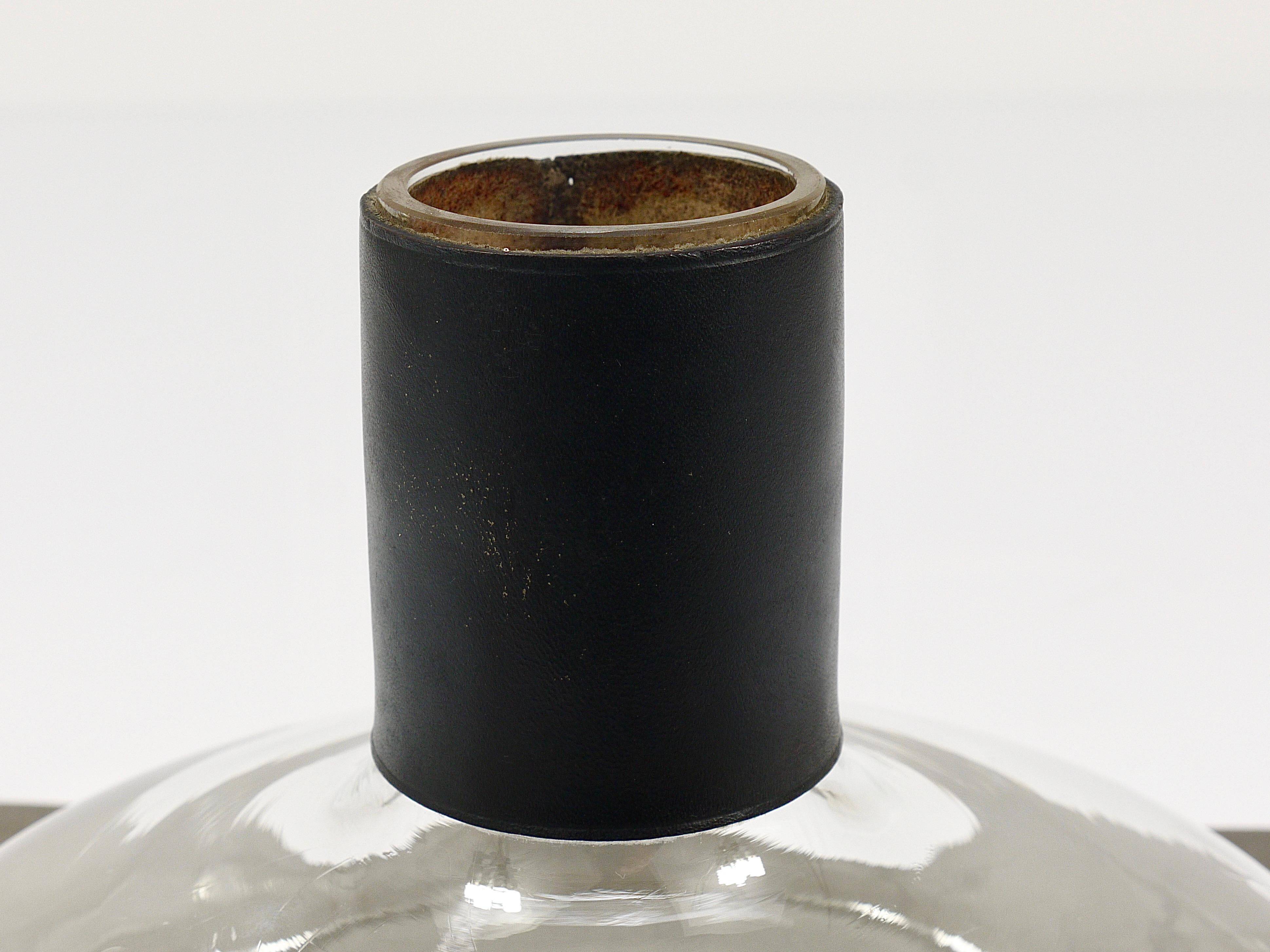 Vase Carafe Carl Aubock II with Black Leather Top, Midcentury, Austria, 1950s