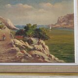 Old oil on canvas, Mediterranean cove landscape