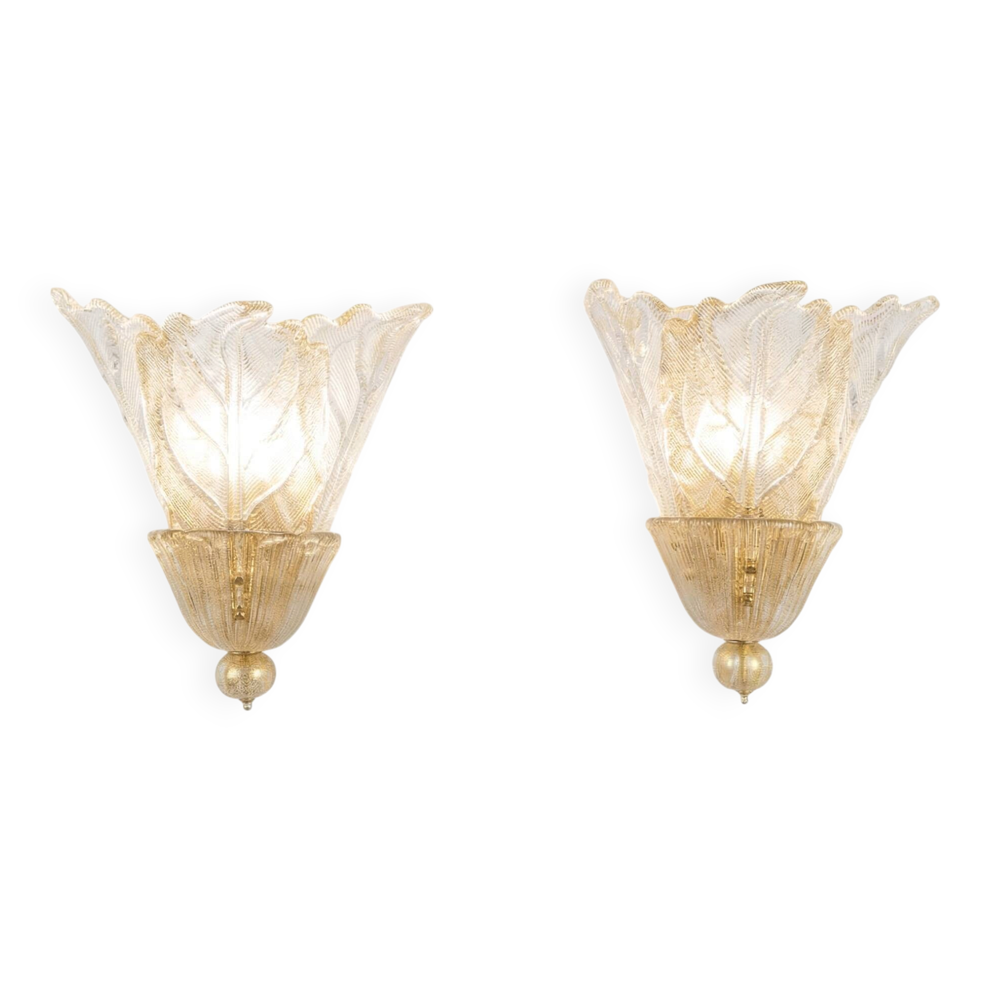 Pair of Barovier & Toso Murano Foglia d’Oro wall sconces, 1980s