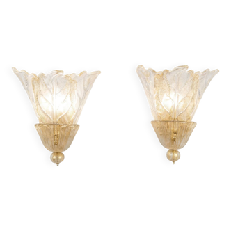 Pair of Barovier & Toso Murano Foglia d’Oro wall sconces, 1980s