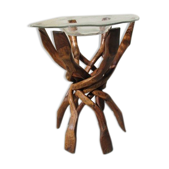 Table d'appoint pied six branches entrecoisées et plateau verre