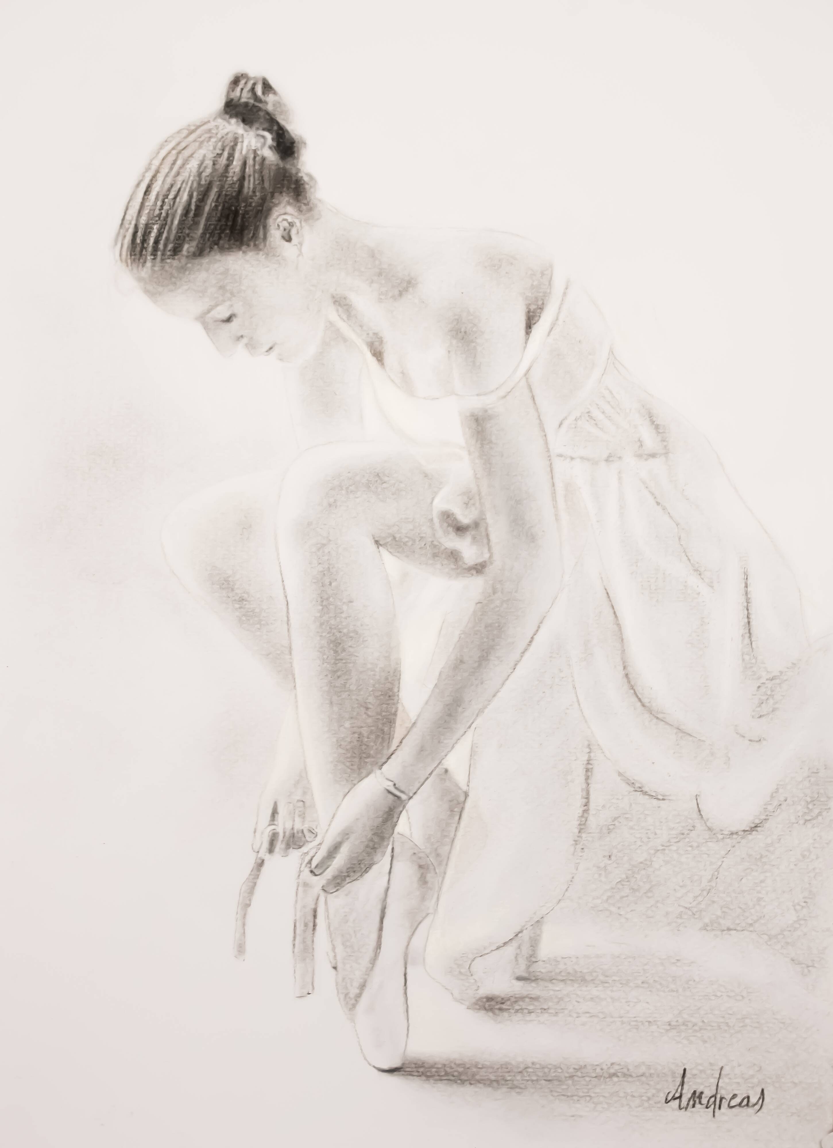 Charcoal drawing representing a seated dancer. Dancer painting.