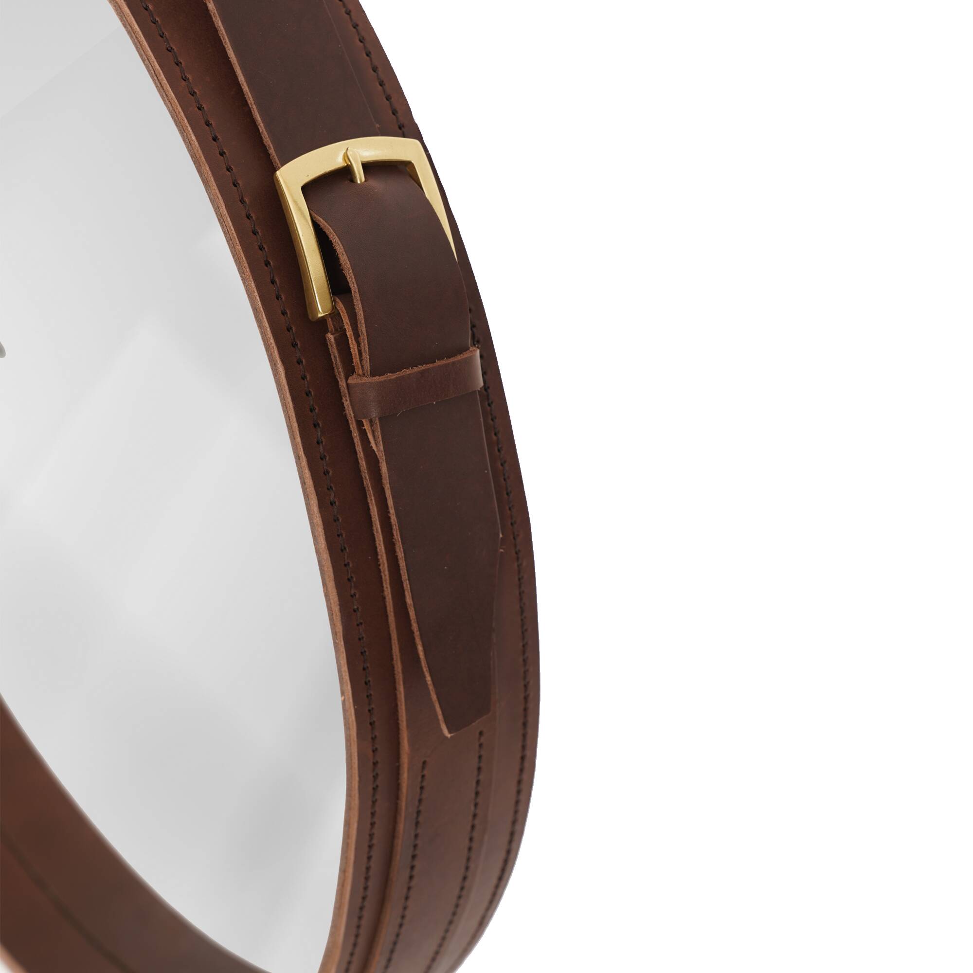 Handmade J. Adnet style mirror in brown vegetable-tanned leather, ø 45 cm