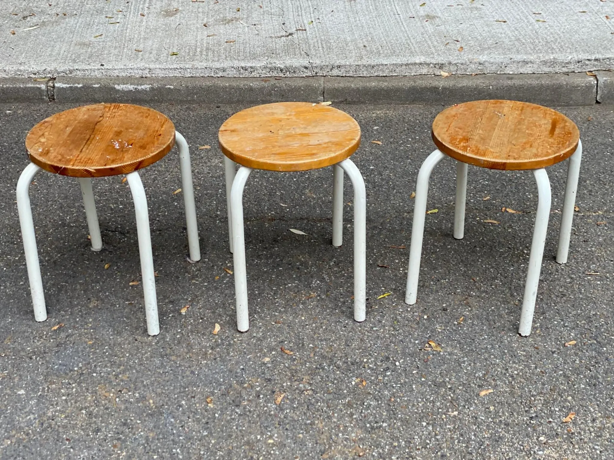 Set of 3 stackable stools in Ikea Frosta style, solid wood and steel, 1990.