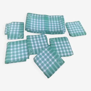Rectangular tablecloth and 6 cotton napkins with small green and white checks, embroidered and monogram