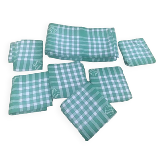 Rectangular tablecloth and 6 cotton napkins with small green and white checks, embroidered and monogram