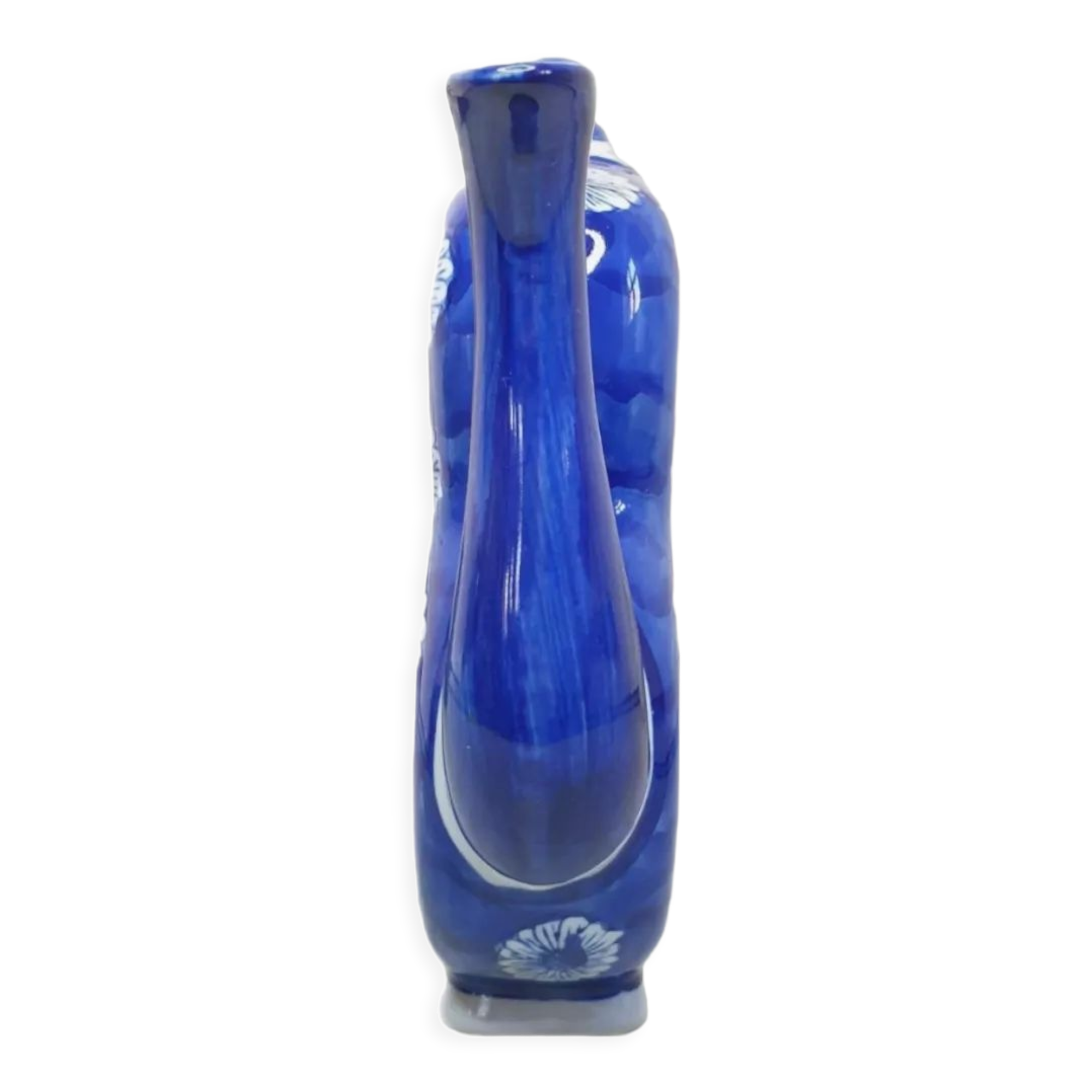 Old Asian teapot in toroidal shape in blue porcelain with floral decoration 20th century