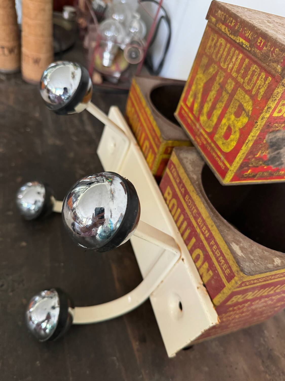 Wall coat rack with 2 vintage ball hooks