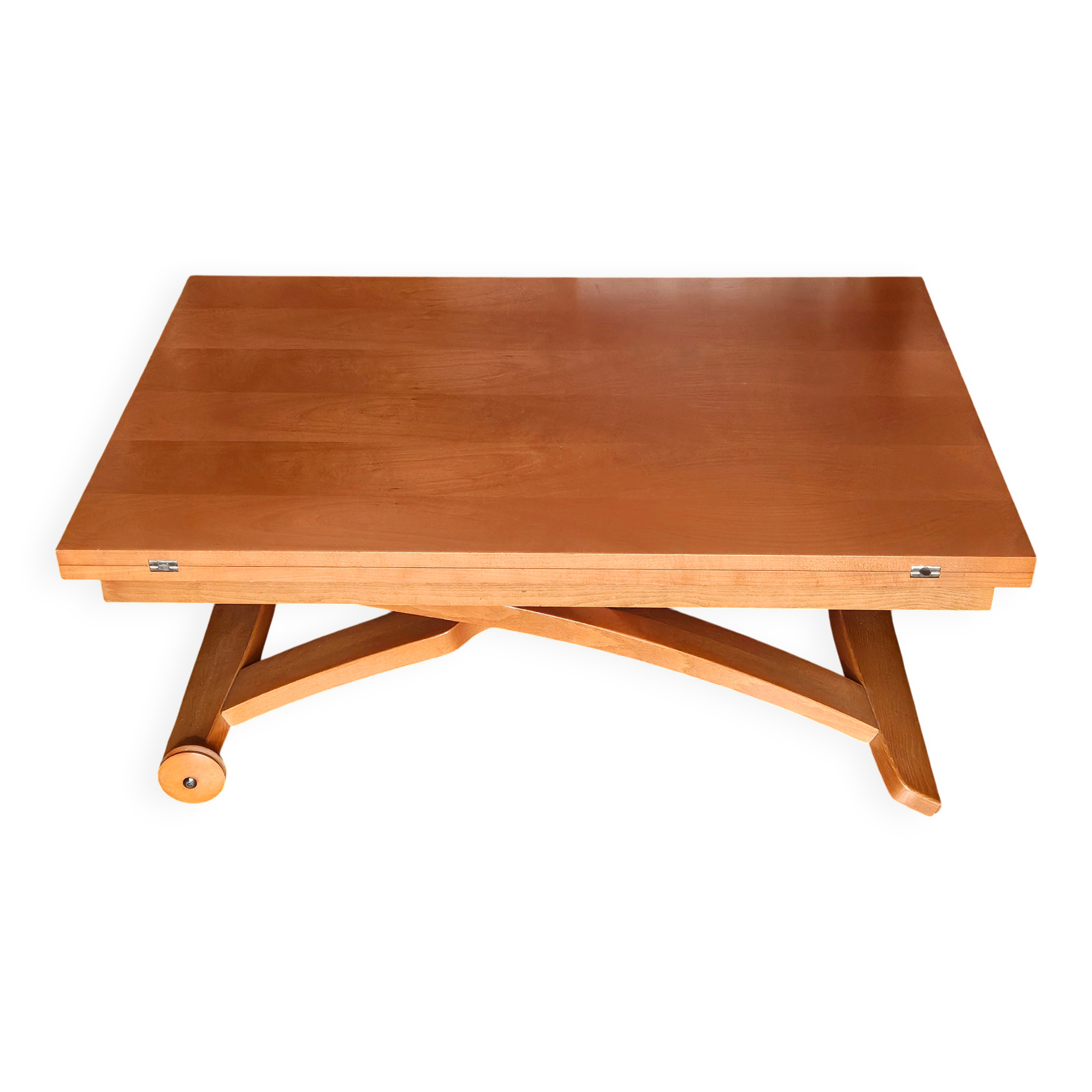 Wooden coffee table convertible into a dining table.
