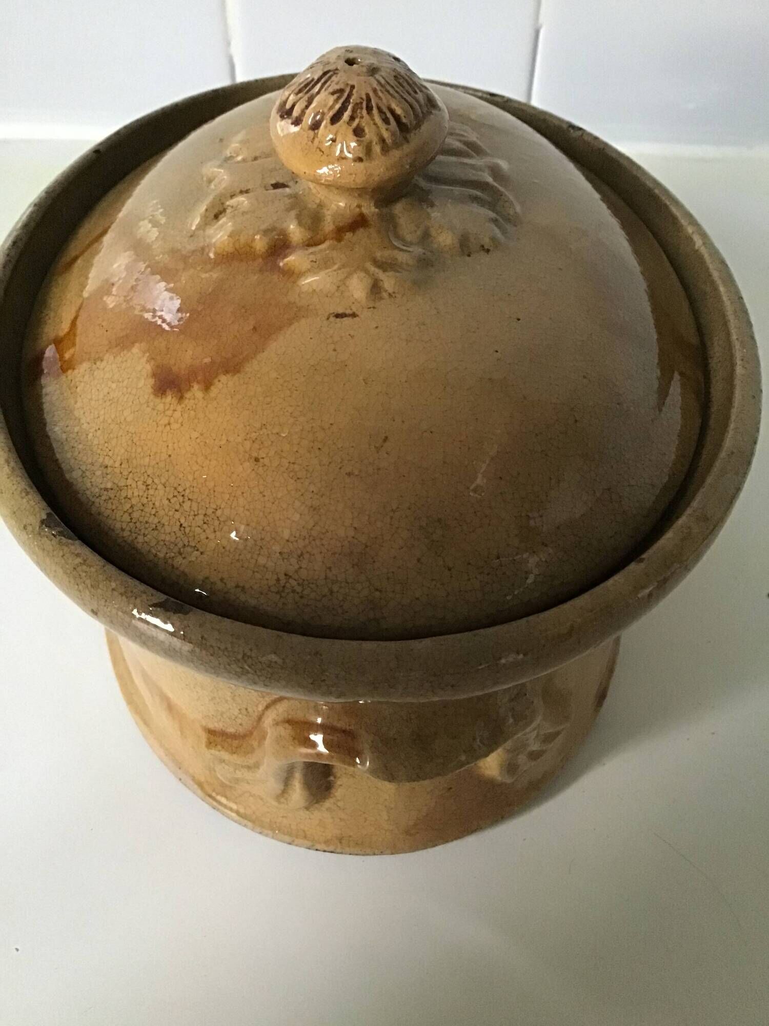Old terrine of pastry or foie gras in beige glazed earthenware with brown drips. Very beautiful pa