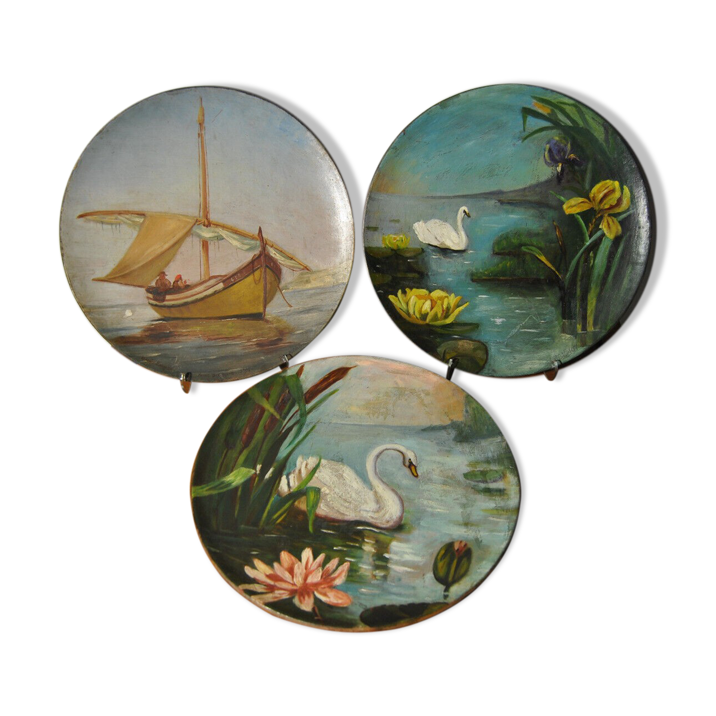 Set of 3 dishes 19th century terracotta painting 1895 boat lily lily swan
