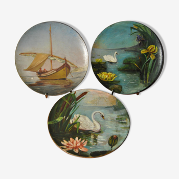 Set of 3 dishes 19th century terracotta painting 1895 boat lily lily swan