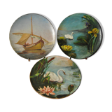 Set of 3 dishes 19th century terracotta painting 1895 boat lily lily swan