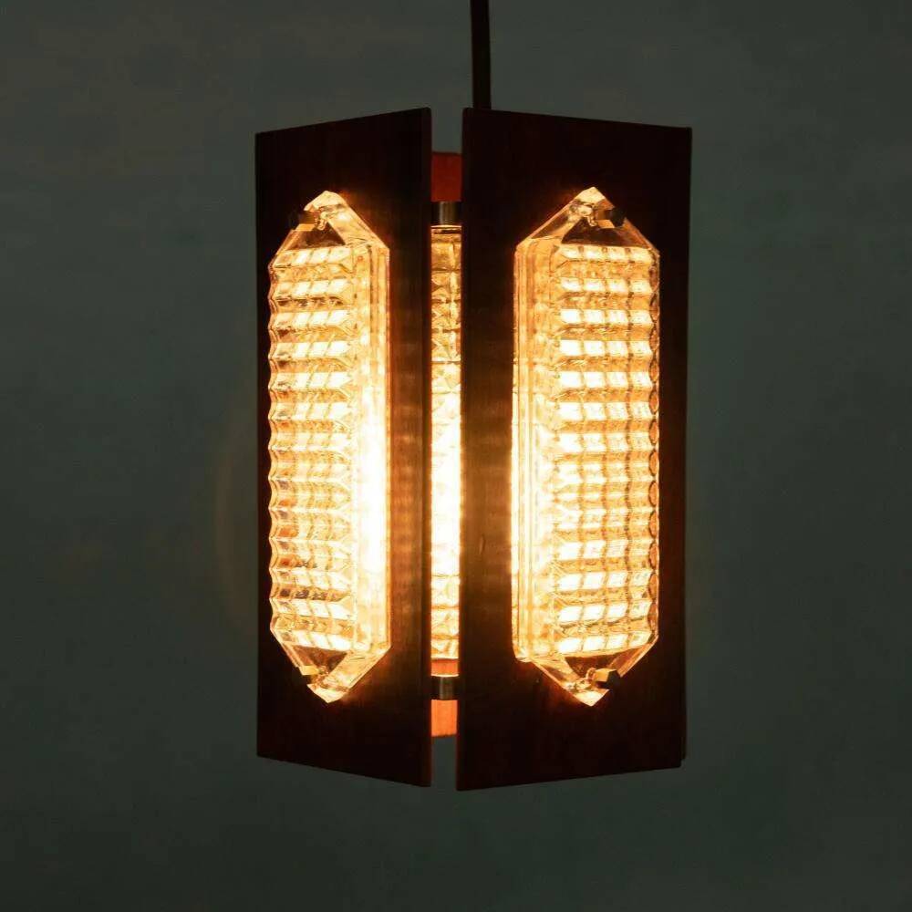 Vintage wooden and glass suspension Flygsfors Facette, glass lamp.