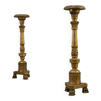 Pair of Gilt Wooden Pedestals with Plaster Decoration, France 19th Century