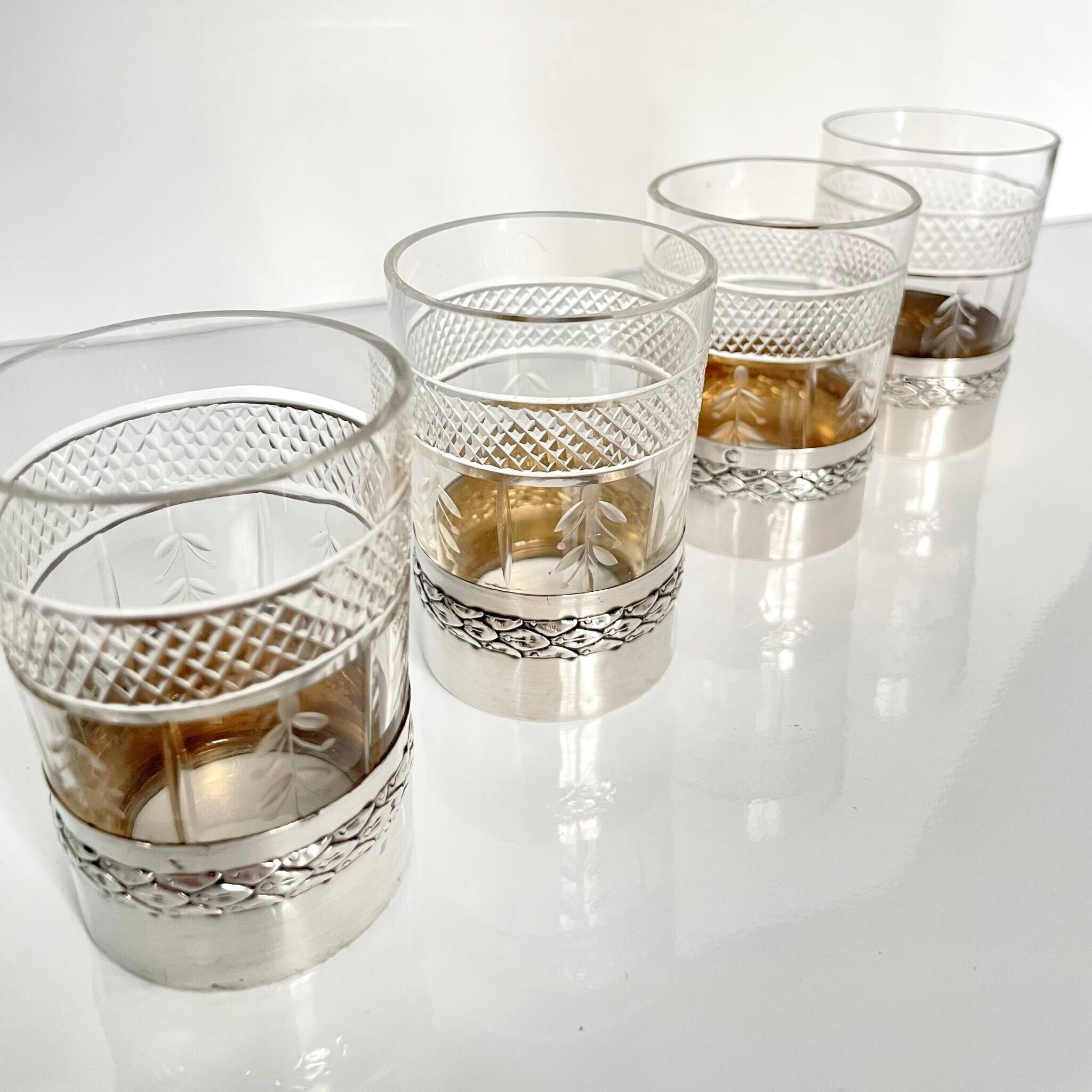4 crystal and silver liqueur glasses – Late 19th - early 20th century