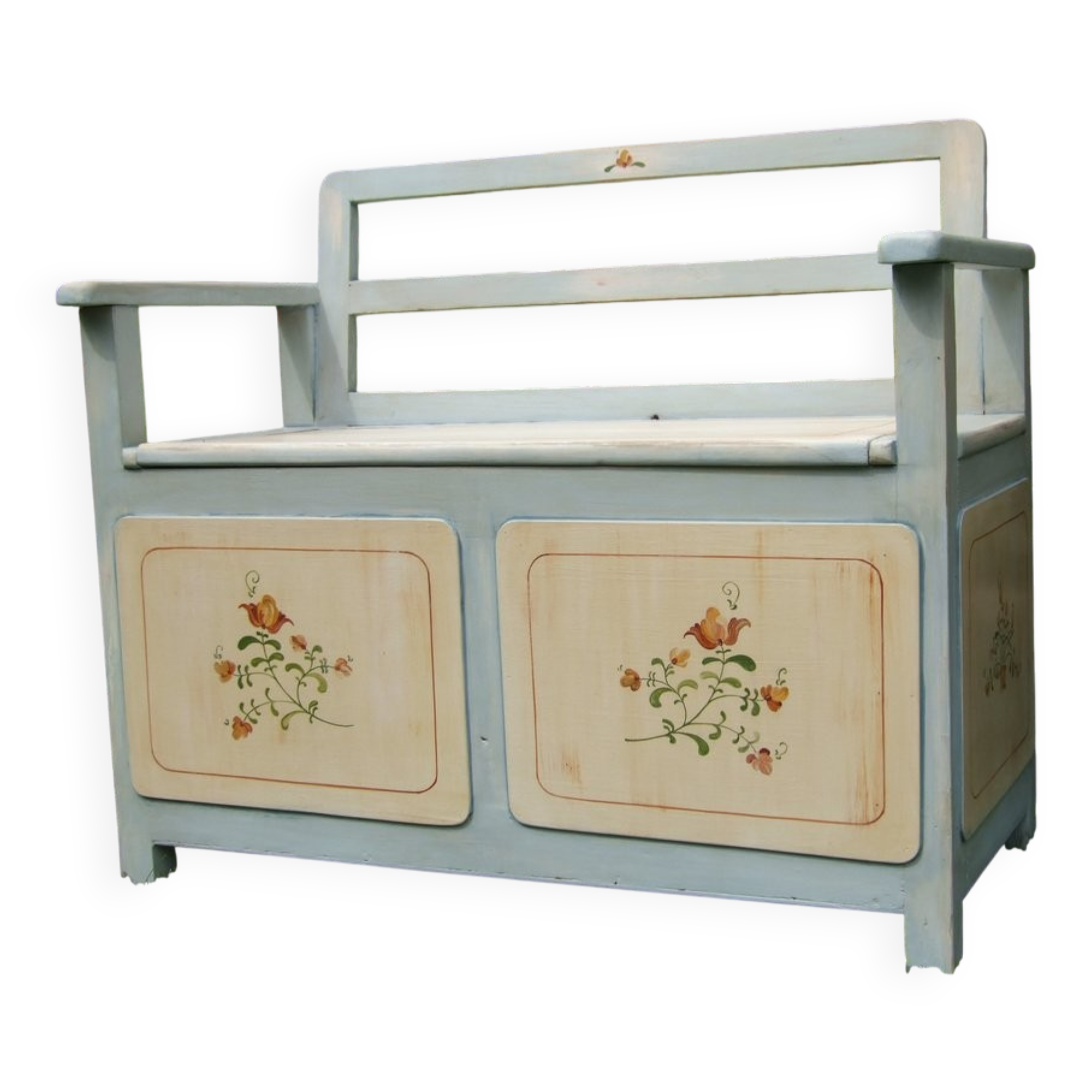 Hungarian storage bench painted grey in pine — Art Deco 1930, integrated chest