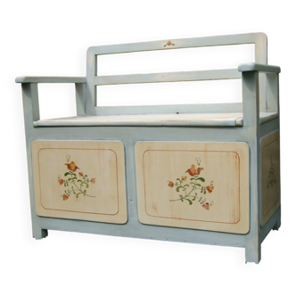 Hungarian storage bench painted grey in pine — Art Deco 1930, integrated chest