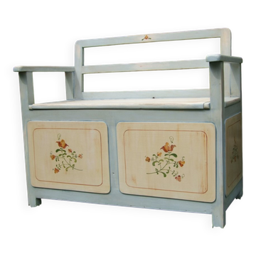 Hungarian storage bench painted grey in pine — Art Deco 1930, integrated chest