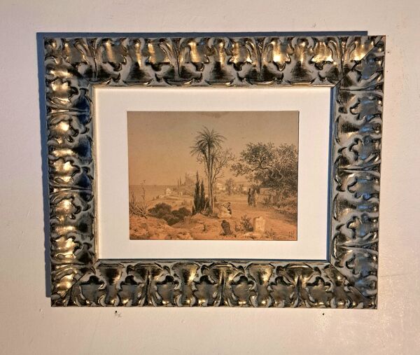 Tableau orientaliste XIXème siècle - paysage d’Algérie - dessin monogrammé