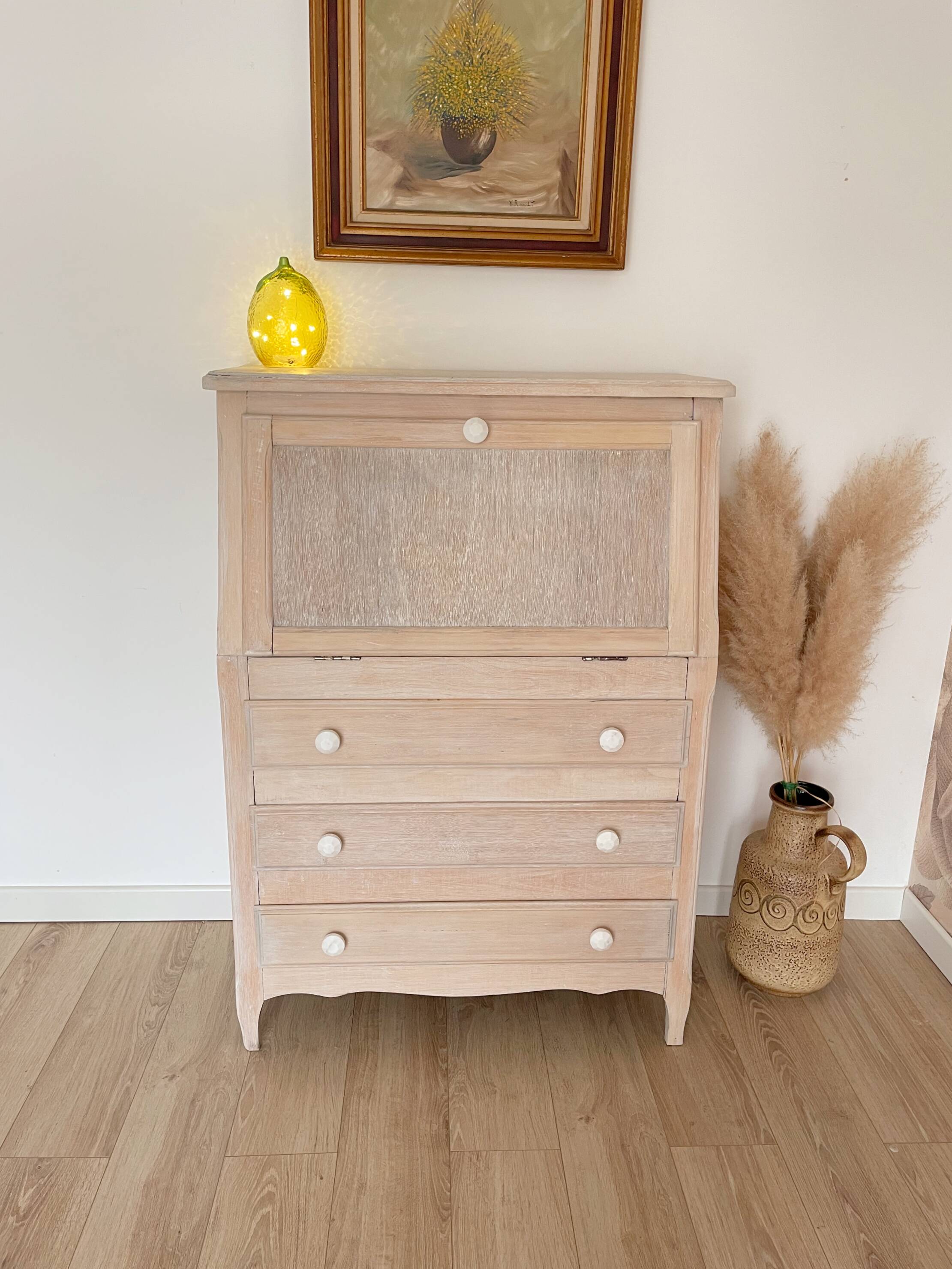 Antique donkey back secretary, white patina with a ceruse effect