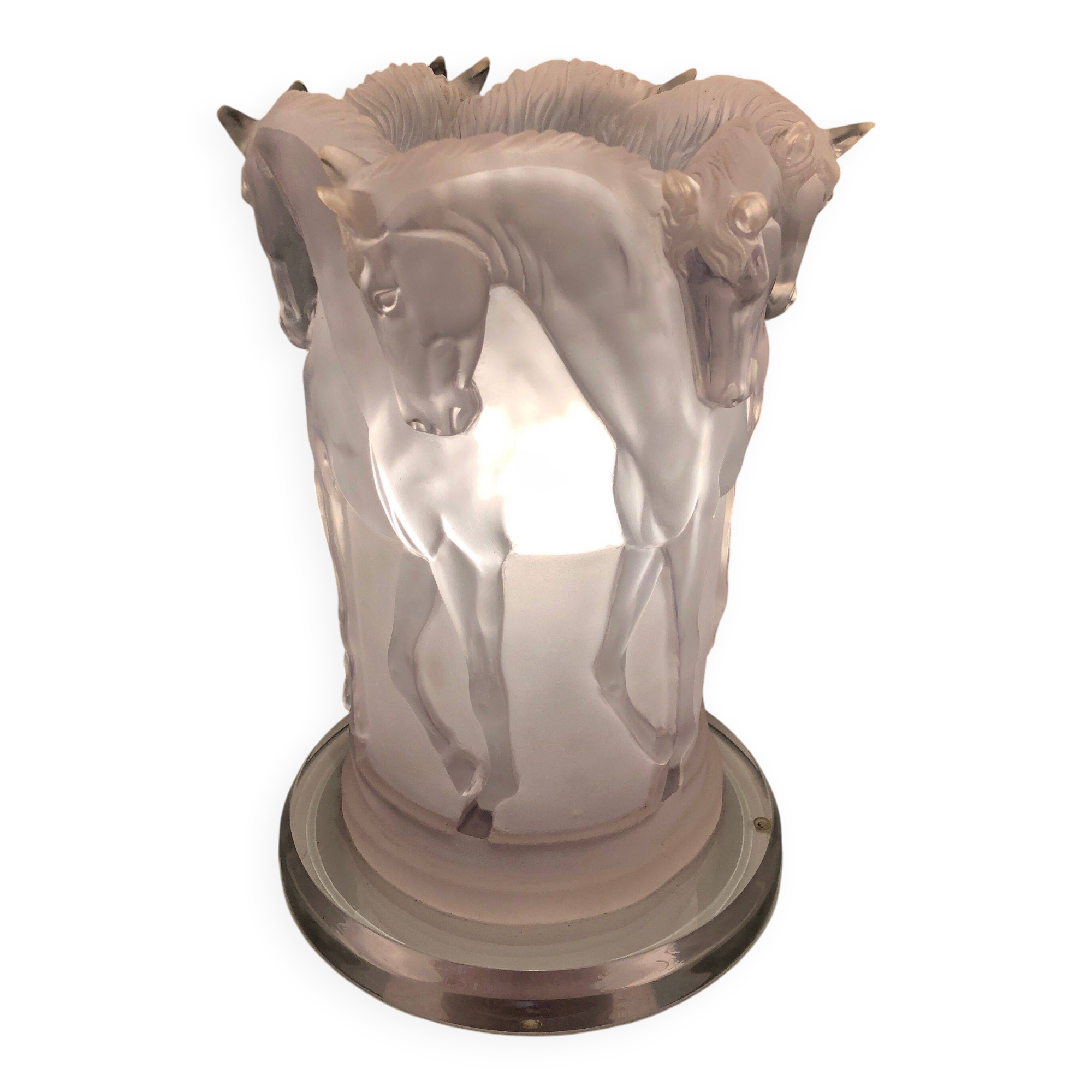 Plexiglass horse lamp in the style of Lalique.