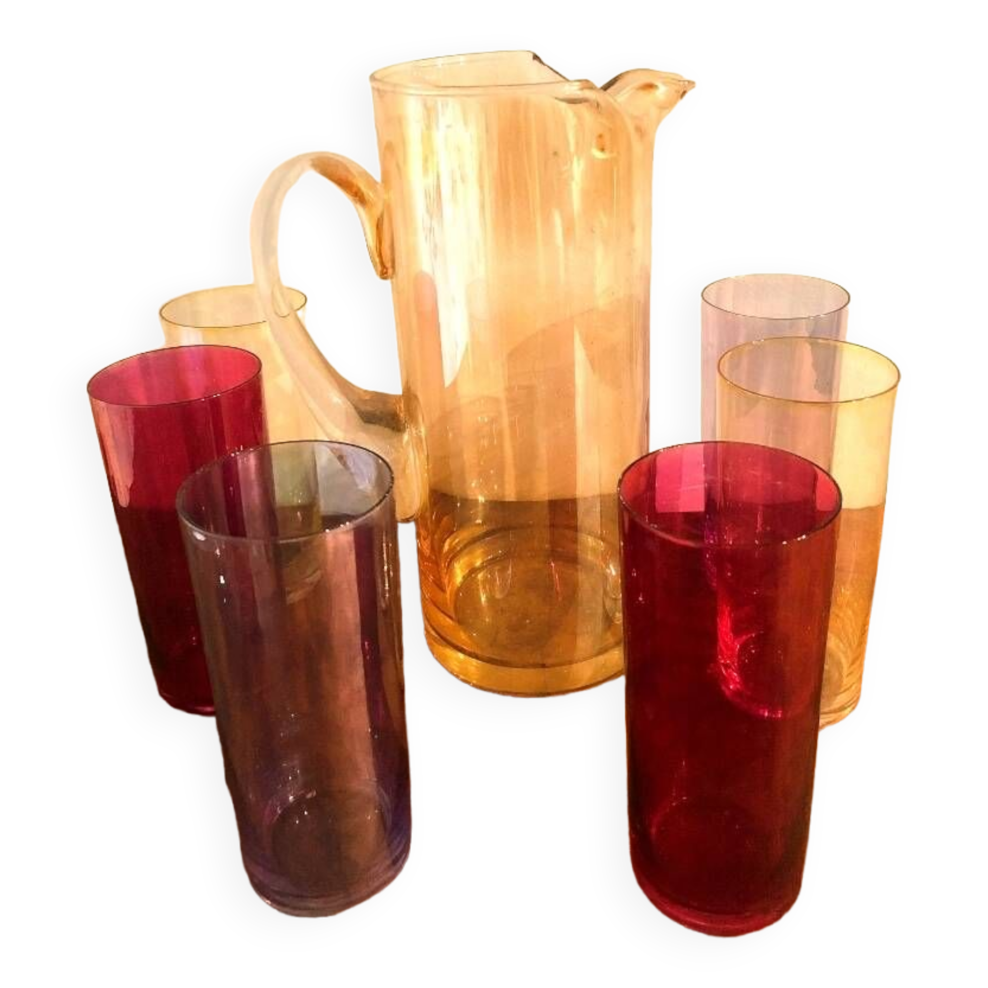 Vintage colored carafe and glasses