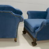 Pair of 19th Century Neo Renaissance Oak and Blue Velvet Italian Armchairs