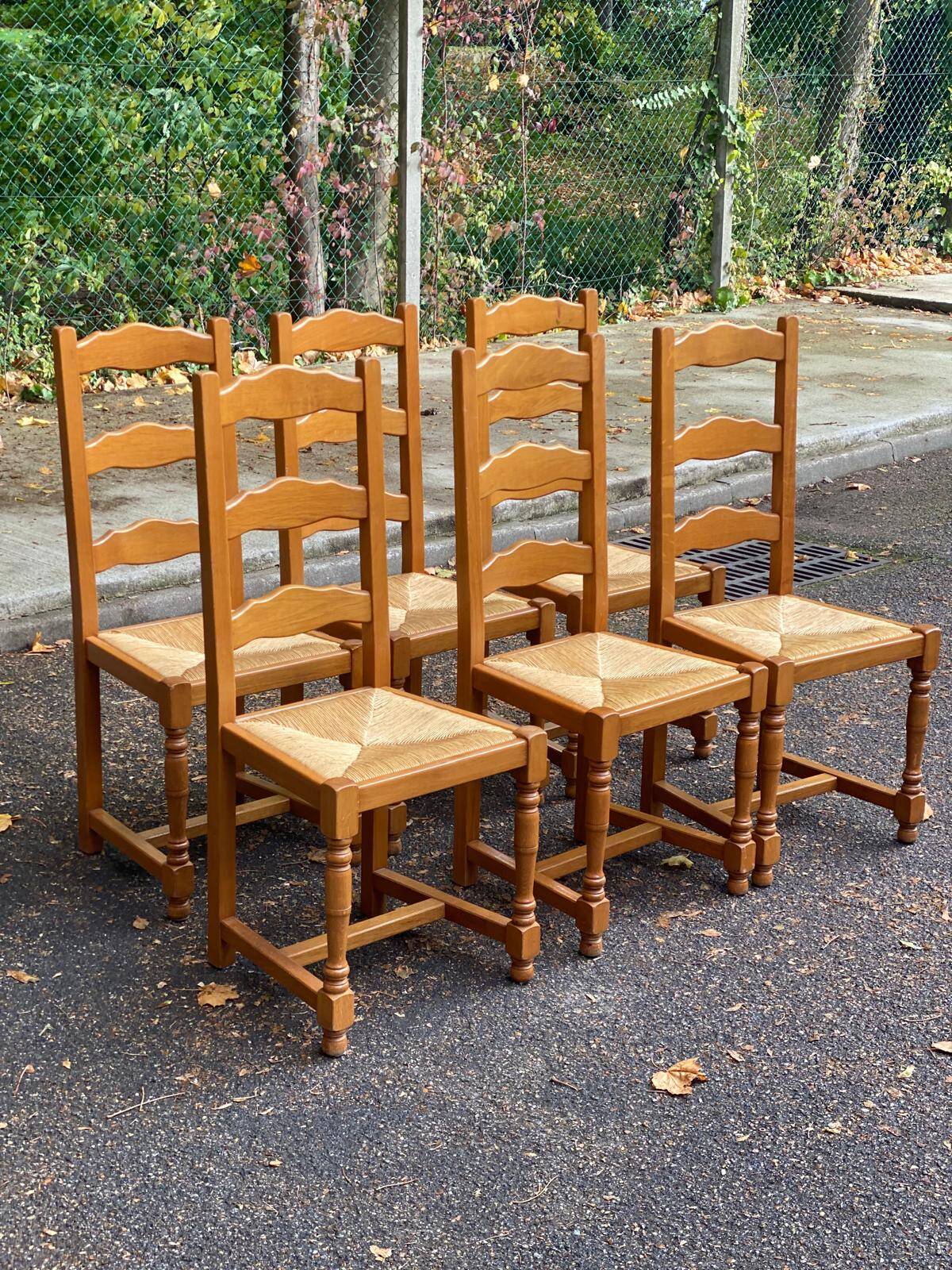 6 solid oak dining chairs with straw 105cm