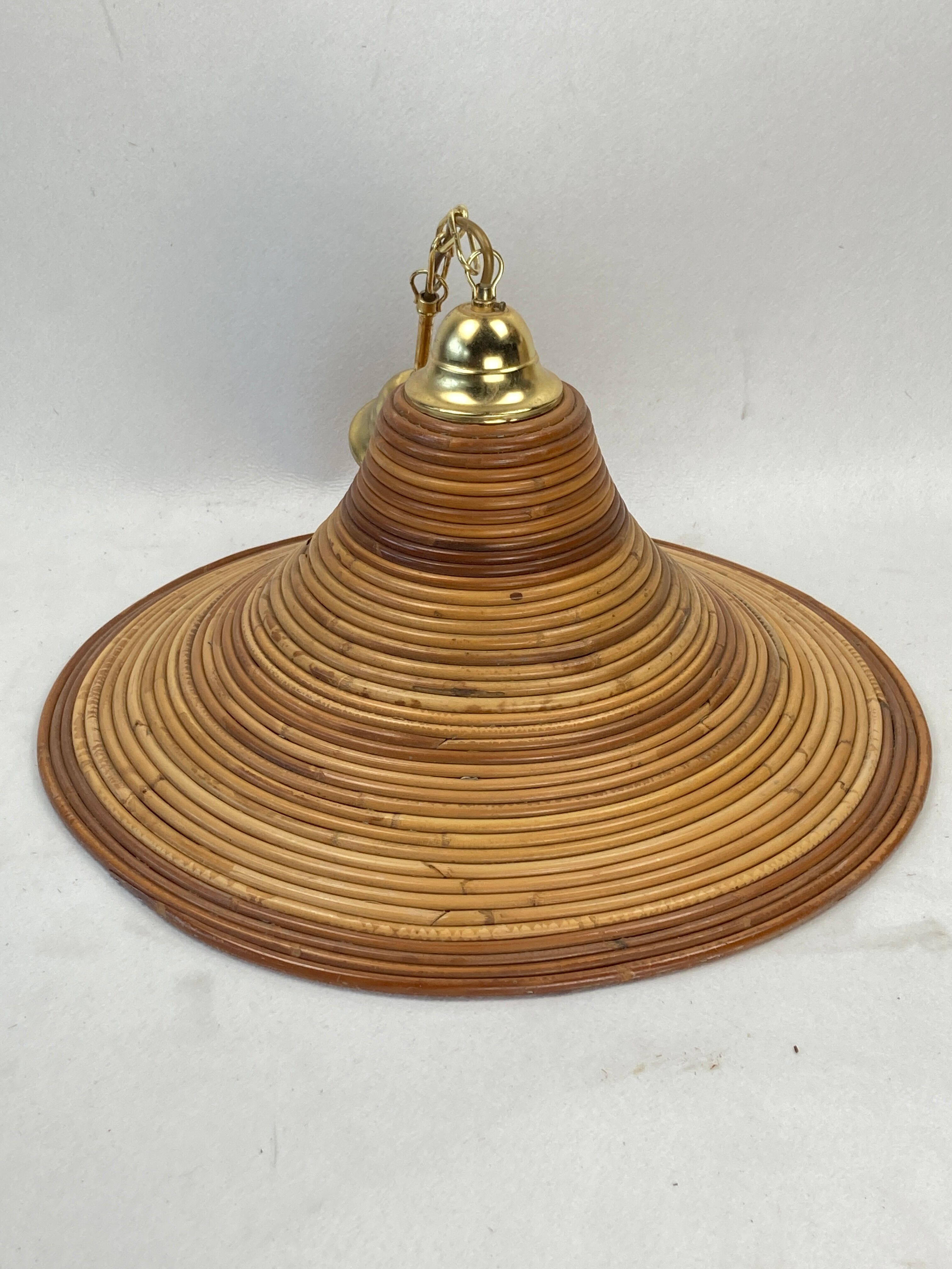 Pencil split reed rattan bamboo and brass pendant Lamp, 1970s