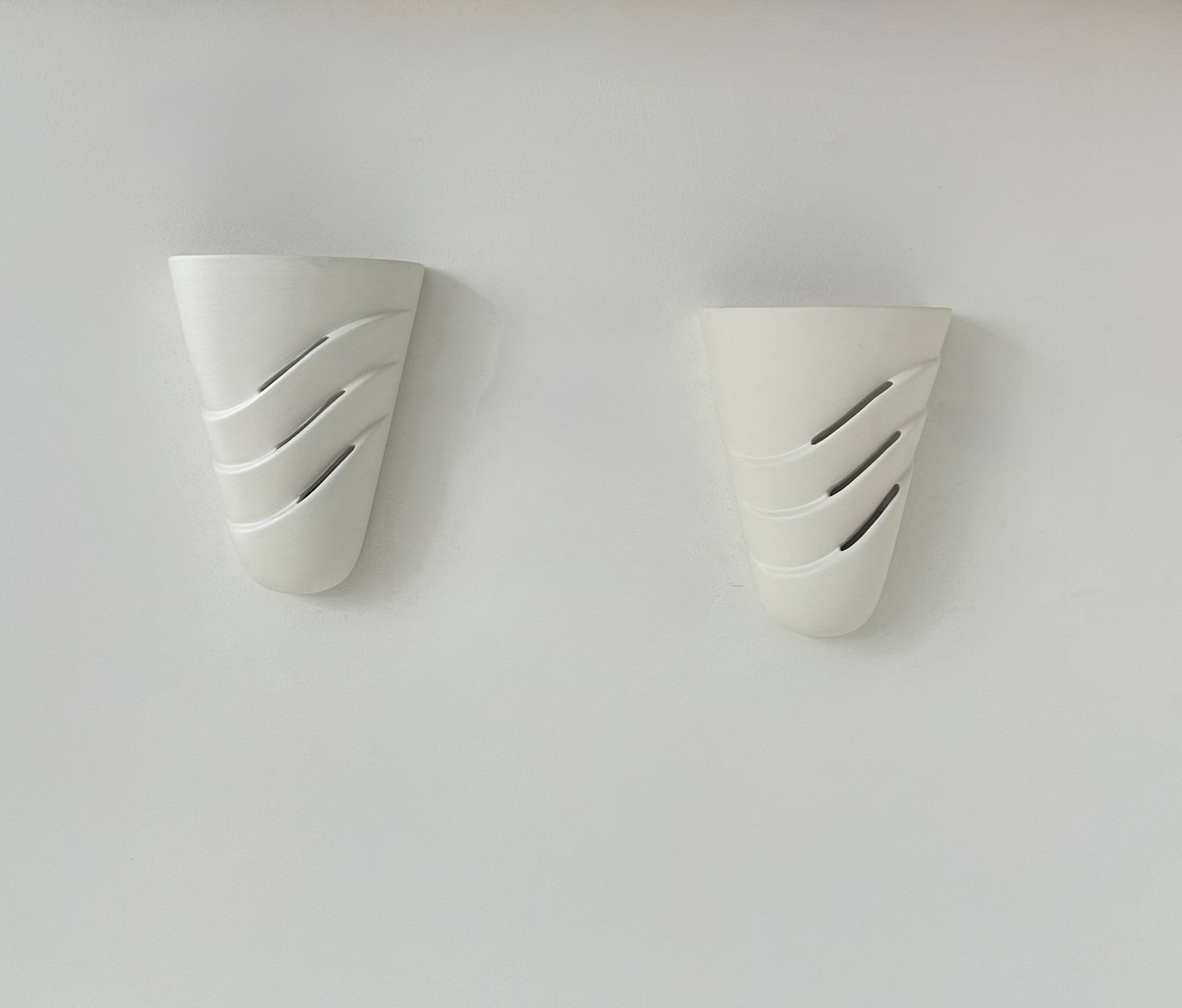 Pair of vintage wall lights, matte white plaster, France, 1970