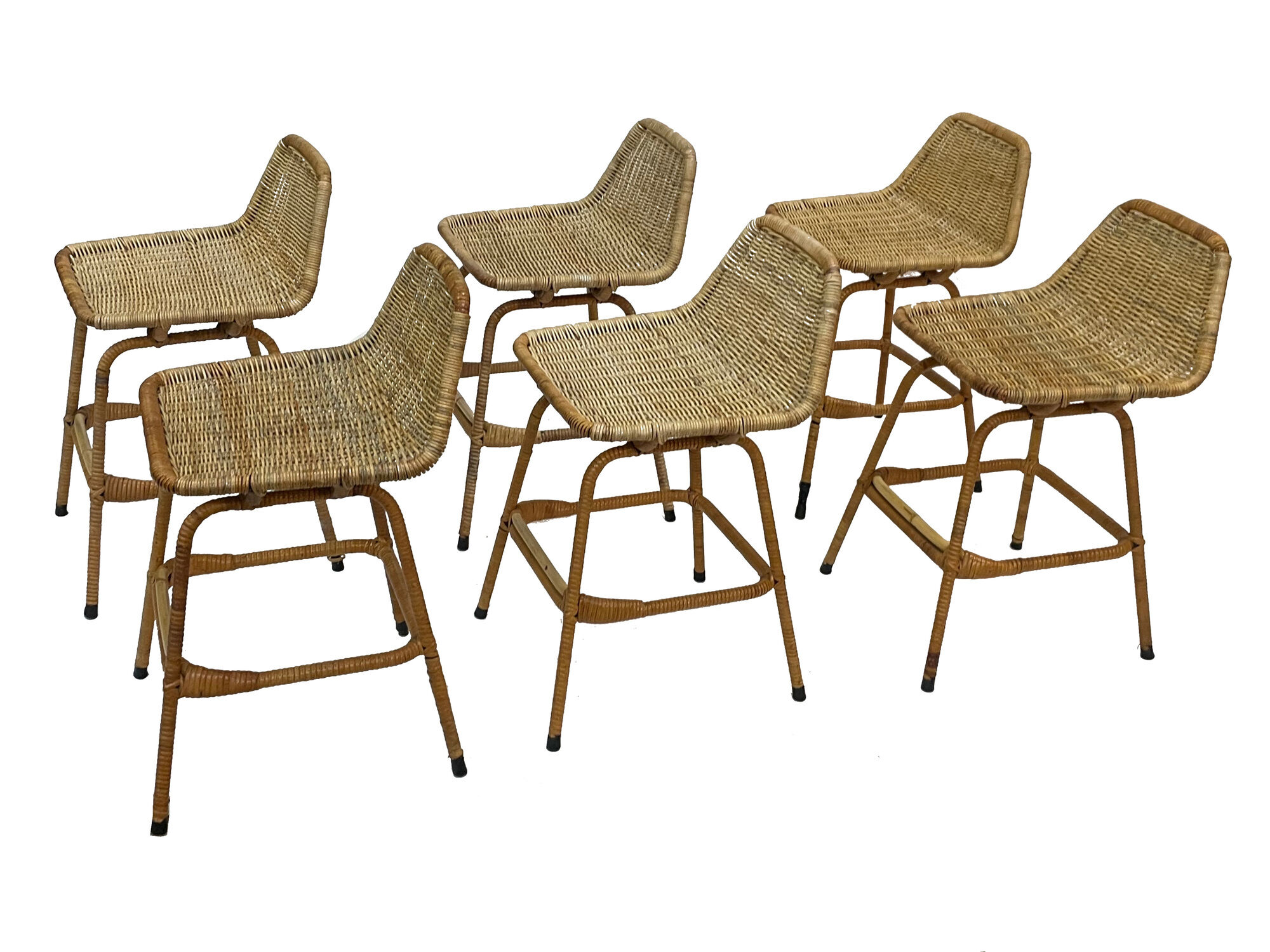Suite of six vintage bar stools in rattan design Rohe 1960